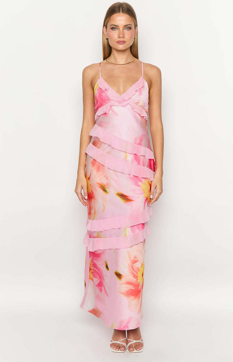 Inara Light Pink Floral Print Ruffle Maxi Dress-Vavasi.All Rights Reserved.