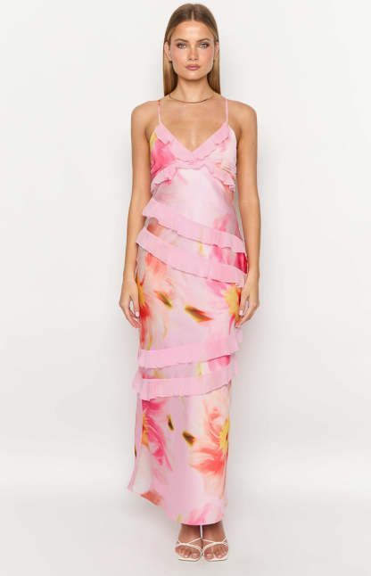 Inara Light Pink Floral Print Ruffle Maxi Dress-Vavasi.All Rights Reserved.