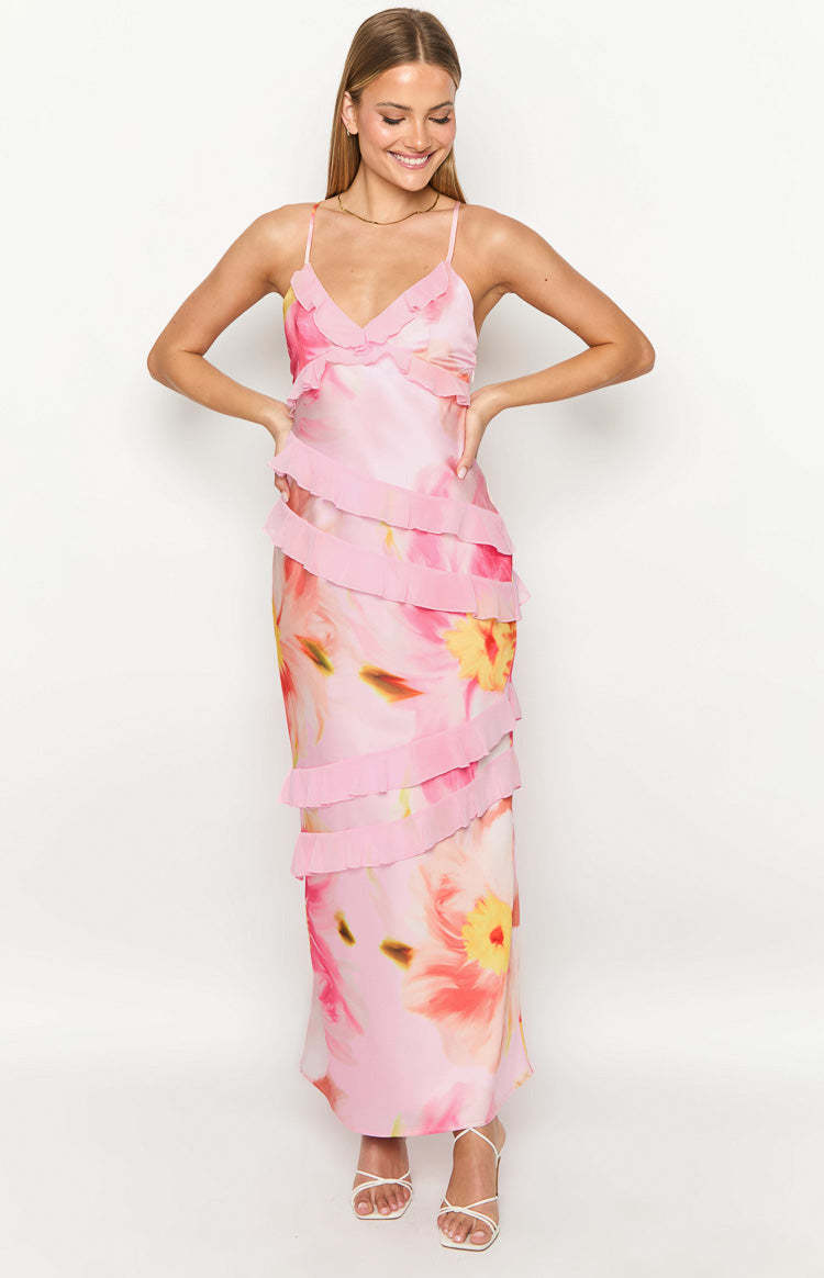 Inara Light Pink Floral Print Ruffle Maxi Dress-Vavasi.All Rights Reserved.