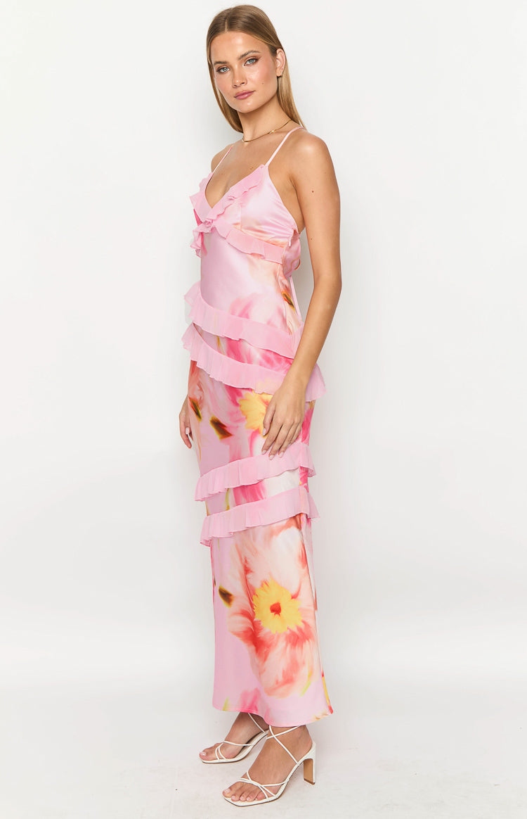 Inara Light Pink Floral Print Ruffle Maxi Dress-Vavasi.All Rights Reserved.