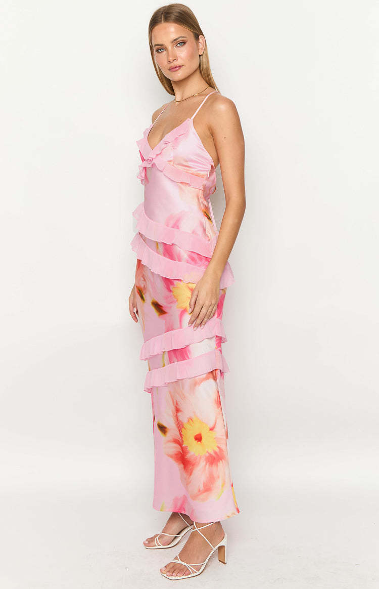 Inara Light Pink Floral Print Ruffle Maxi Dress-Vavasi.All Rights Reserved.