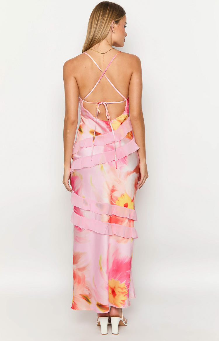 Inara Light Pink Floral Print Ruffle Maxi Dress-Vavasi.All Rights Reserved.