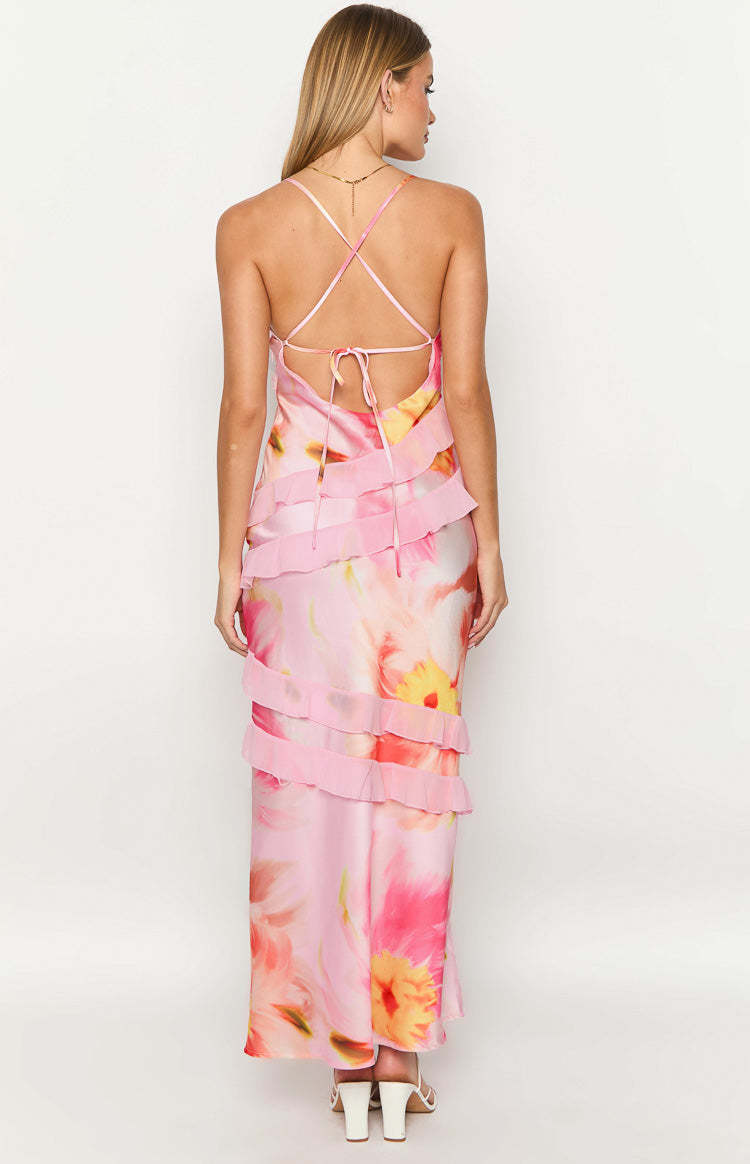 Inara Light Pink Floral Print Ruffle Maxi Dress-Vavasi.All Rights Reserved.