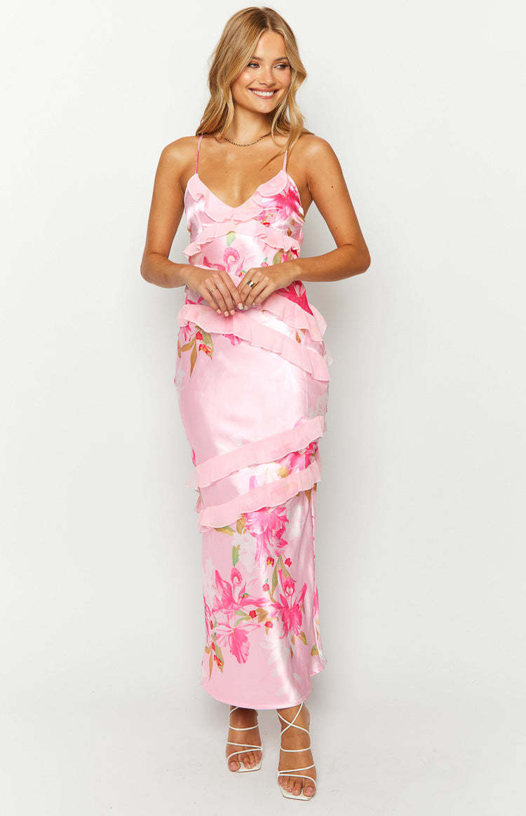 Inara Pink Floral Print Ruffle Maxi Dress-Vavasi.All Rights Reserved.