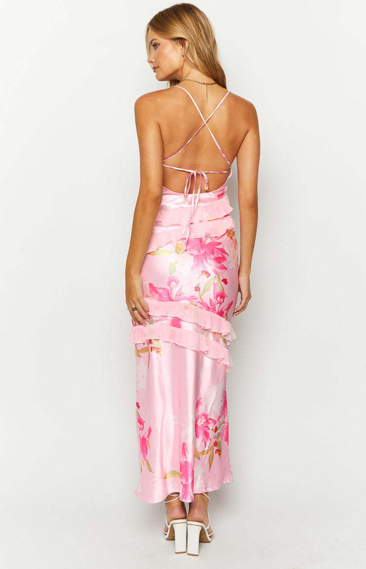 Inara Pink Floral Print Ruffle Maxi Dress-Vavasi.All Rights Reserved.