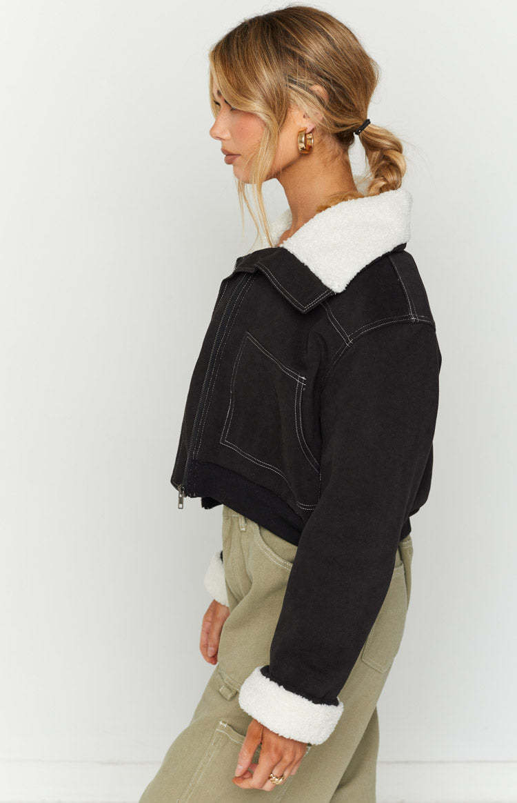 Indy Black Denim Sherpa Jacket-Vavasi.All Rights Reserved.