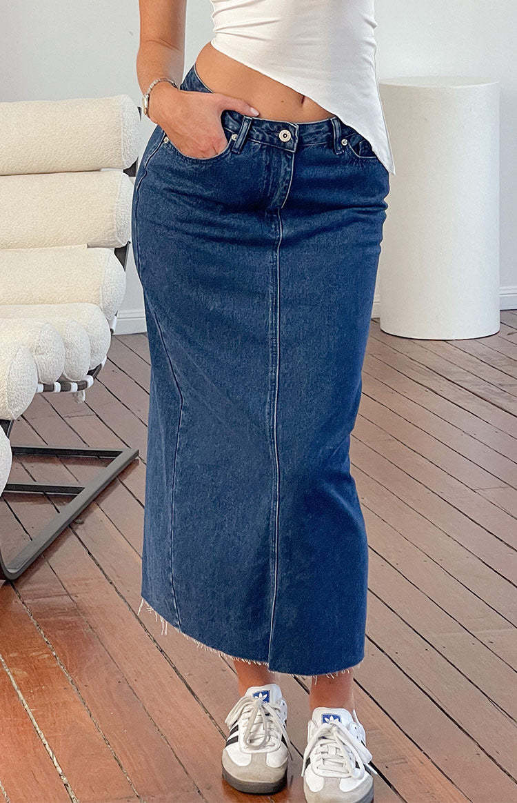 Isla Dark Denim Midi Skirt-Vavasi.All Rights Reserved.
