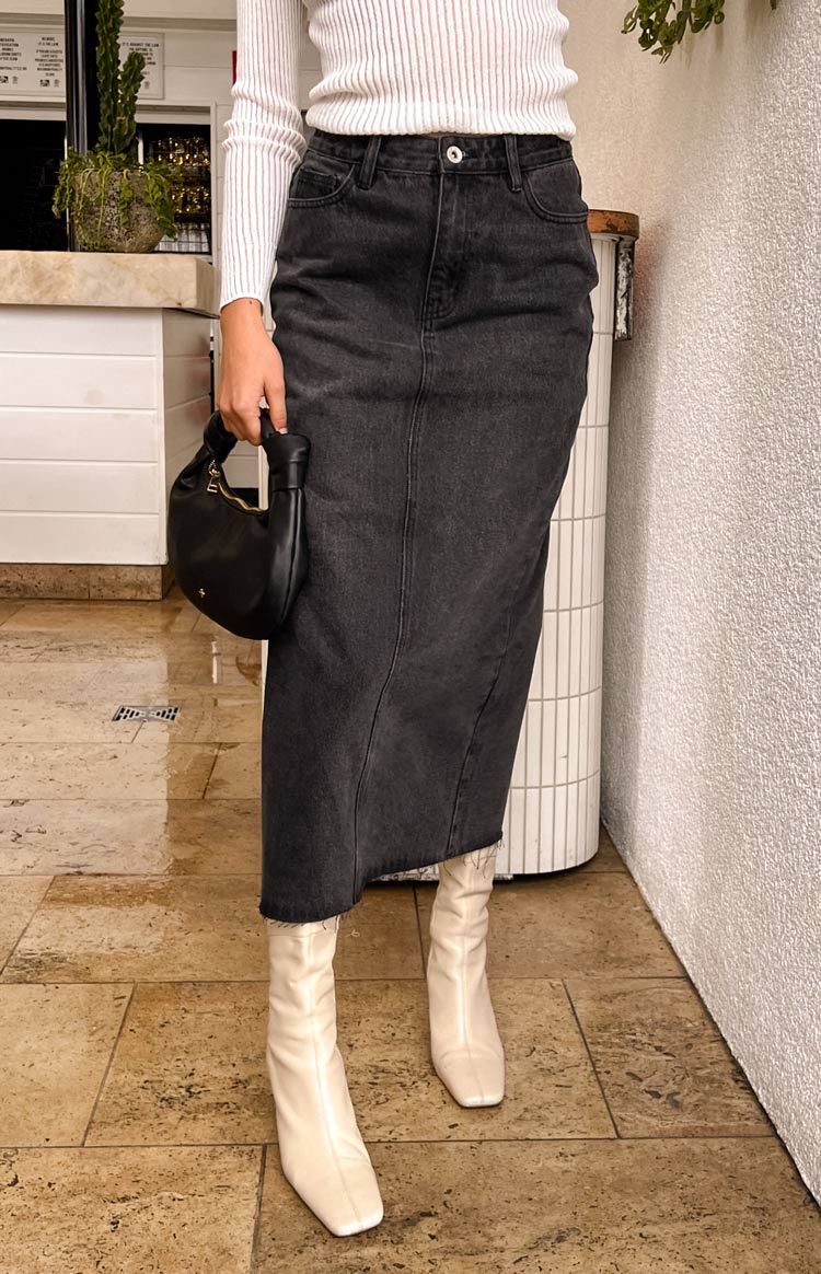 Isla Washed Black Denim Midi Skirt-Vavasi.All Rights Reserved.