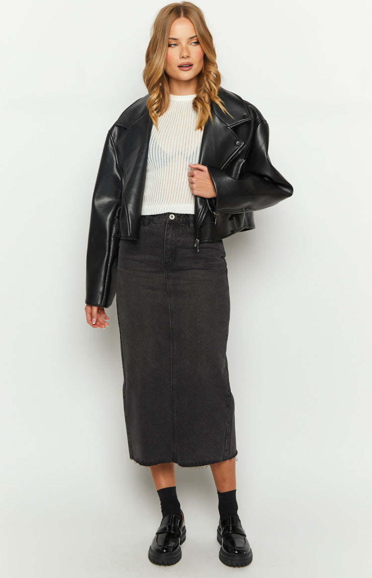 Isla Washed Black Denim Midi Skirt-Vavasi.All Rights Reserved.
