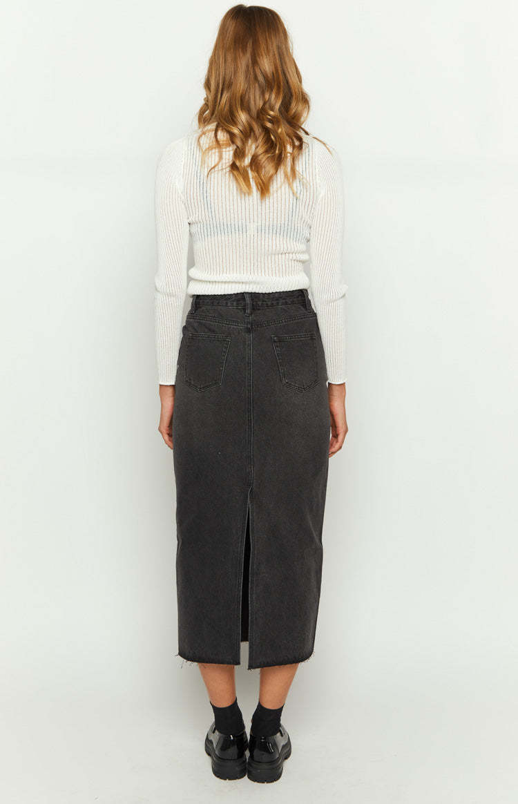 Isla Washed Black Denim Midi Skirt-Vavasi.All Rights Reserved.