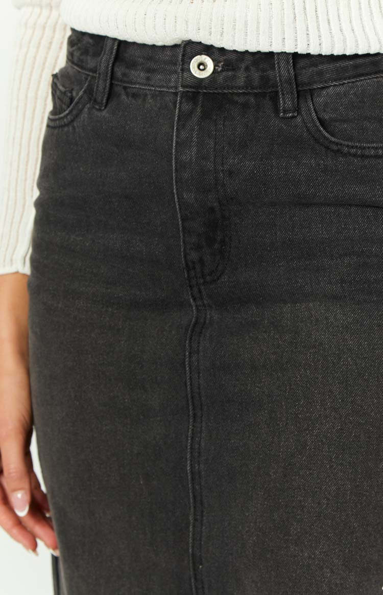 Isla Washed Black Denim Midi Skirt-Vavasi.All Rights Reserved.