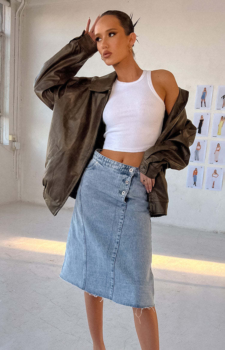 Jas Mid Wash Mid Waist Denim Midi Skirt-Vavasi.All Rights Reserved.
