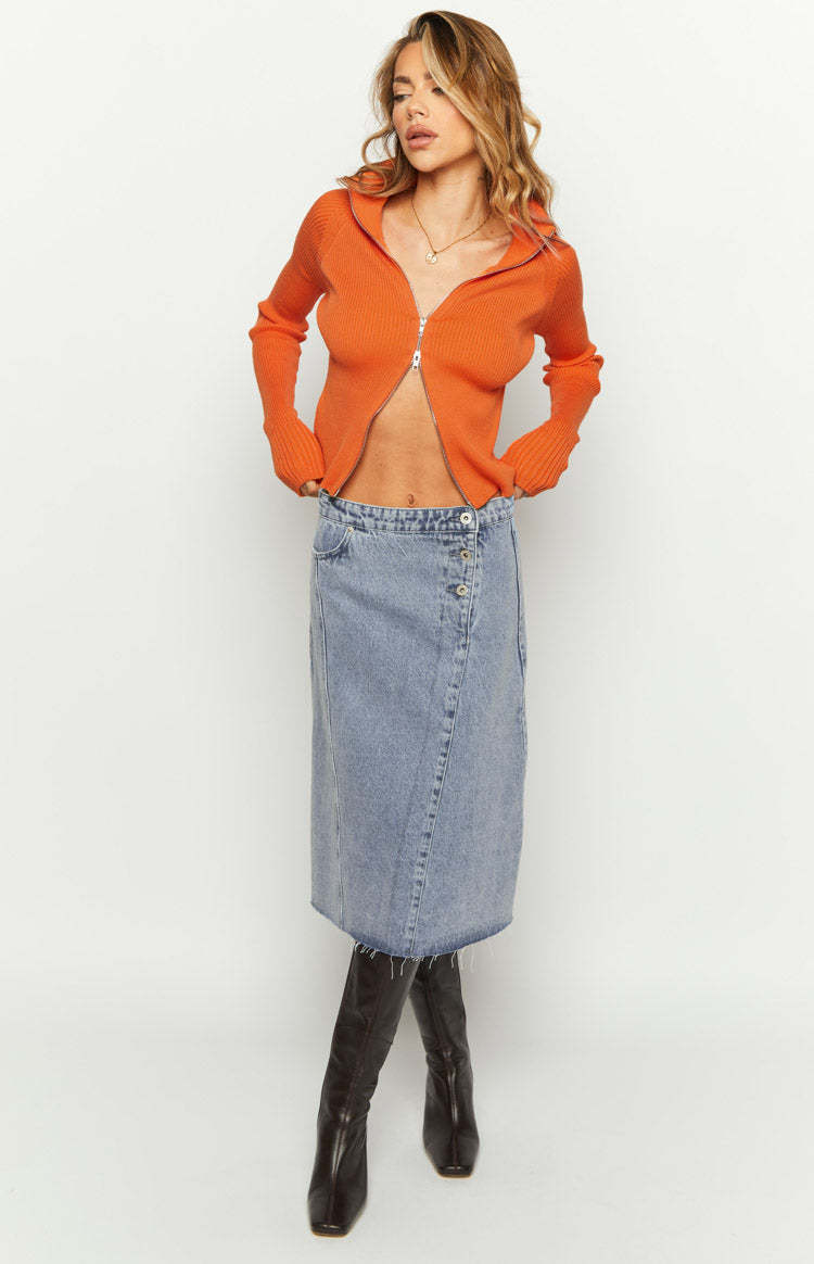 Jas Mid Wash Mid Waist Denim Midi Skirt-Vavasi.All Rights Reserved.