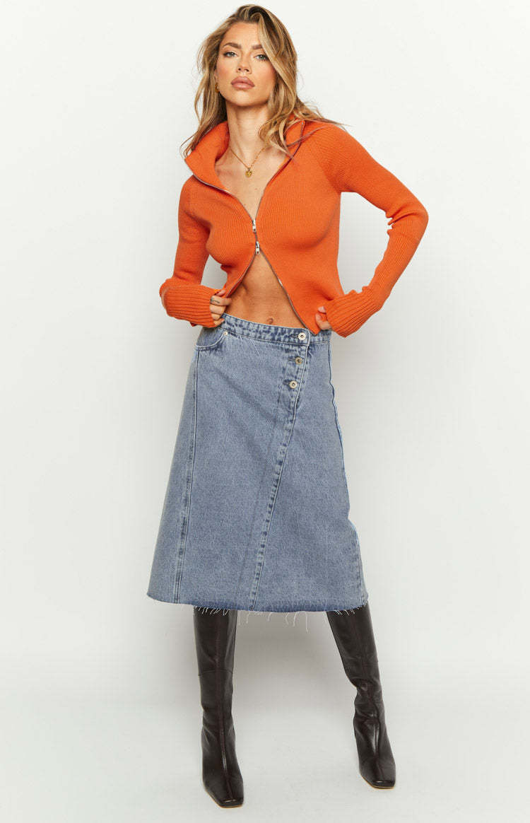 Jas Mid Wash Mid Waist Denim Midi Skirt-Vavasi.All Rights Reserved.