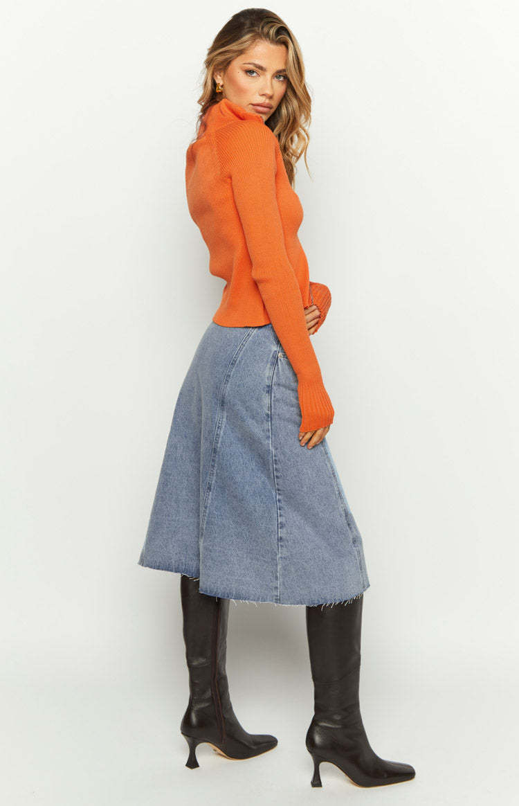 Jas Mid Wash Mid Waist Denim Midi Skirt-Vavasi.All Rights Reserved.