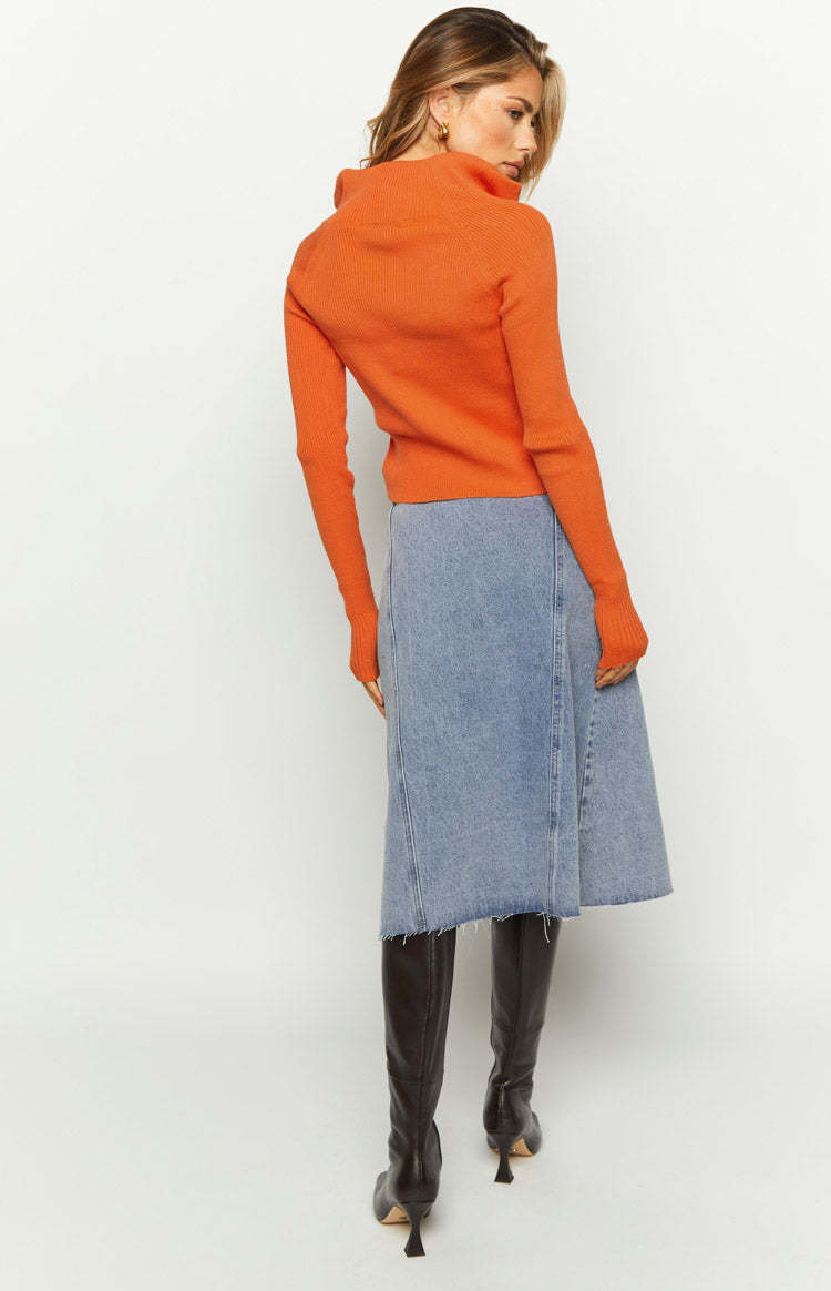 Jas Mid Wash Mid Waist Denim Midi Skirt-Vavasi.All Rights Reserved.