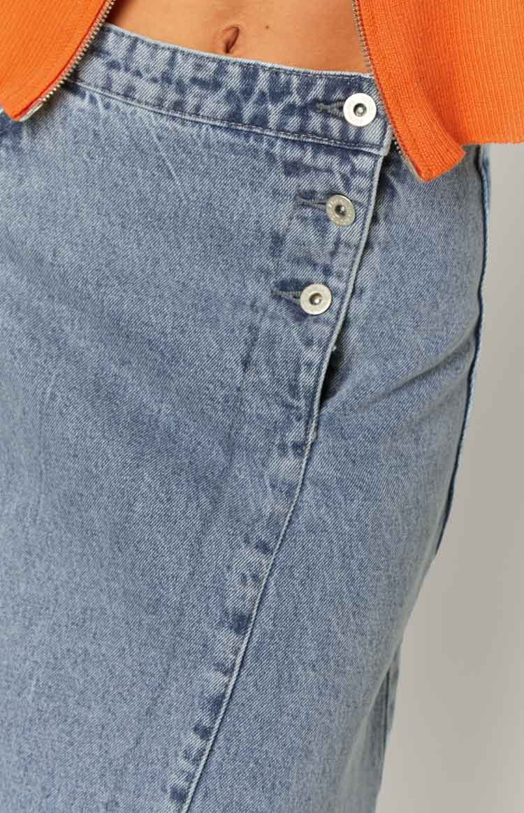 Jas Mid Wash Mid Waist Denim Midi Skirt-Vavasi.All Rights Reserved.