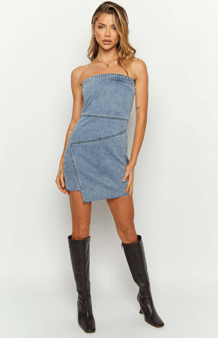 Jasmine Mid Wash Denim Wrap Front Mini Dress-Vavasi.All Rights Reserved.