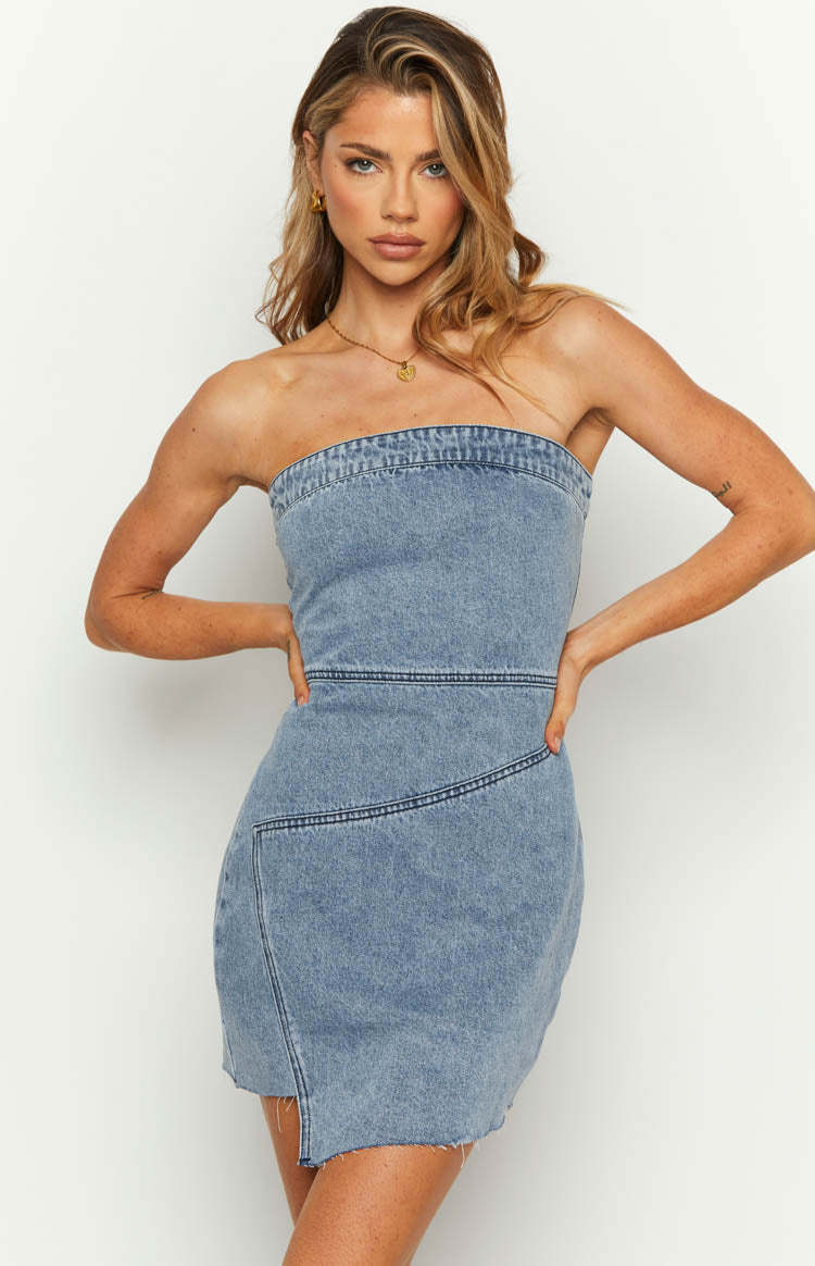 Jasmine Mid Wash Denim Wrap Front Mini Dress-Vavasi.All Rights Reserved.