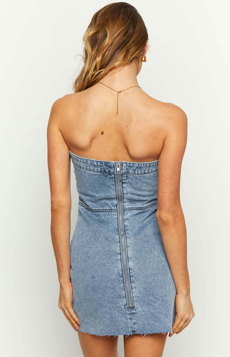 Jasmine Mid Wash Denim Wrap Front Mini Dress-Vavasi.All Rights Reserved.