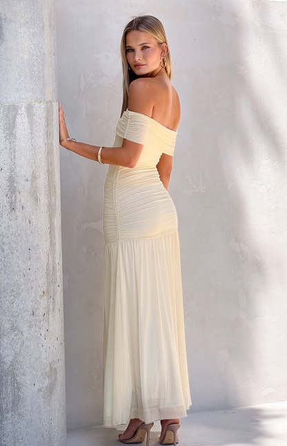Joesy Cream Off The Shoulder Maxi Dress-Vavasi.All Rights Reserved.