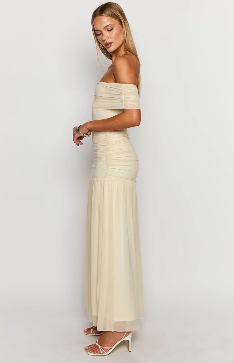 Joesy Cream Off The Shoulder Maxi Dress-Vavasi.All Rights Reserved.