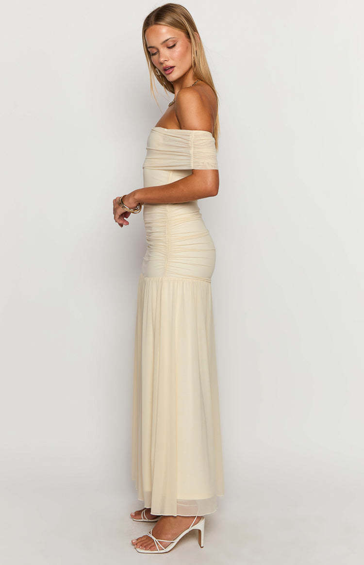 Joesy Cream Off The Shoulder Maxi Dress-Vavasi.All Rights Reserved.