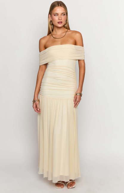 Joesy Cream Off The Shoulder Maxi Dress-Vavasi.All Rights Reserved.