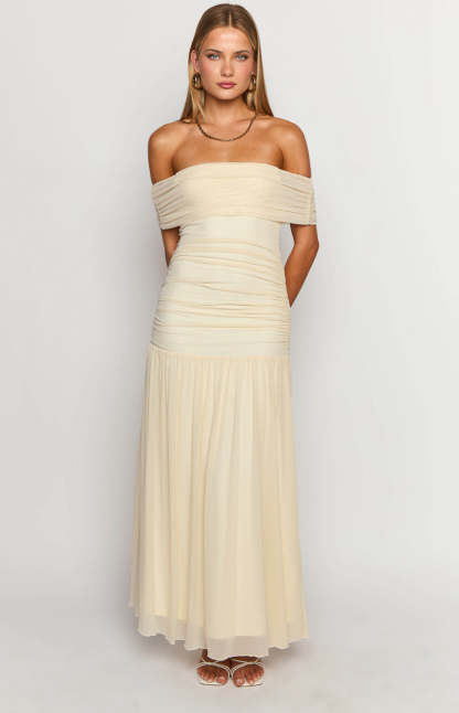 Joesy Cream Off The Shoulder Maxi Dress-Vavasi.All Rights Reserved.