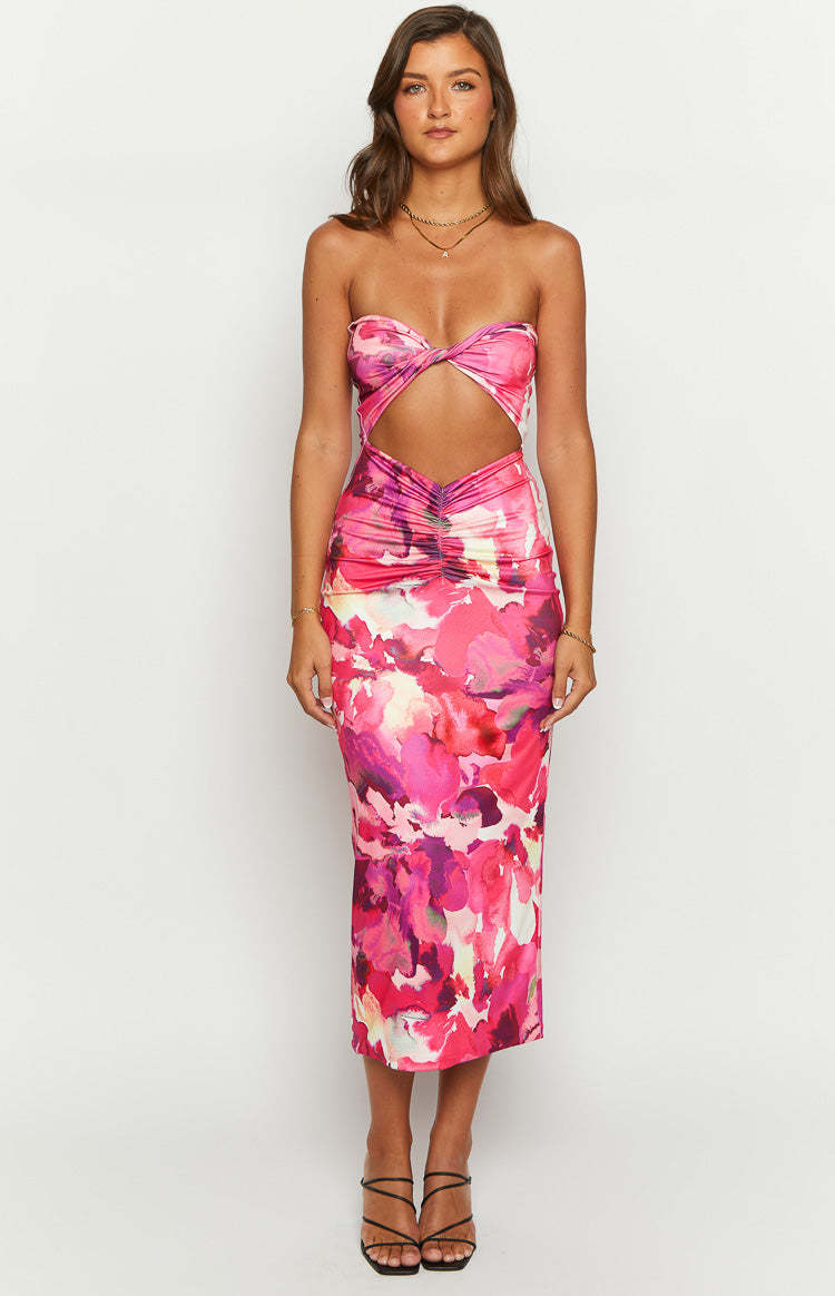 Juliete Pink Floral Midi Dress-Vavasi.All Rights Reserved.