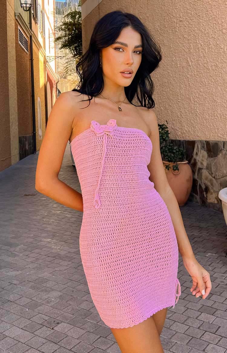 July Butterfly Pink Crochet Mini Dress-Vavasi.All Rights Reserved.