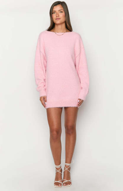 Kleine Pink Long Sleeve Knit Mini Dress-Vavasi.All Rights Reserved.