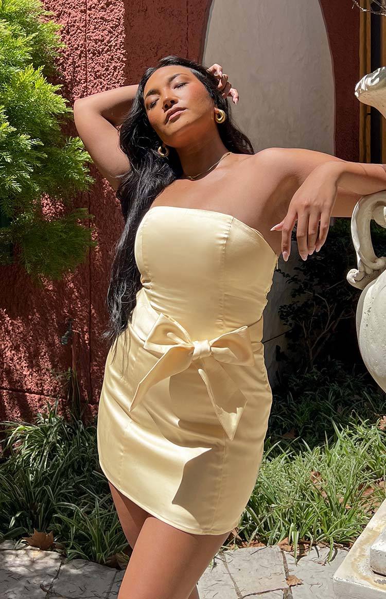 Kamie Yellow Satin Bow Mini Dress-Vavasi.All Rights Reserved.