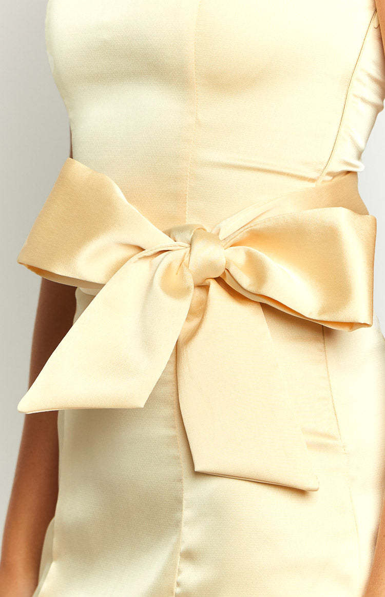 Kamie Yellow Satin Bow Mini Dress-Vavasi.All Rights Reserved.