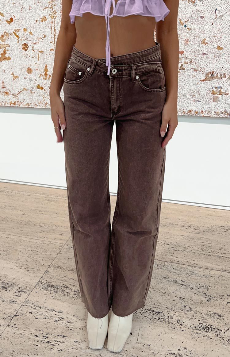 Kansis Brown Uneven Waist Jeans-Vavasi.All Rights Reserved.
