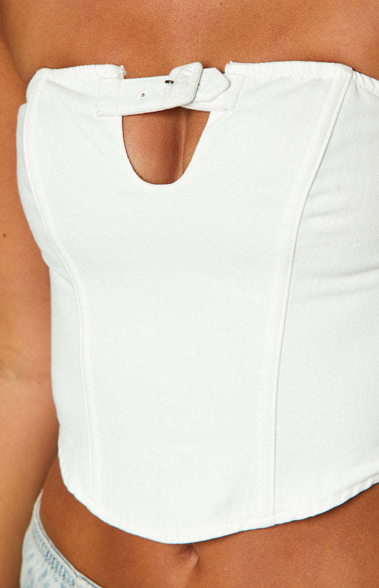 Karlee White Buckle Strapless Top-Vavasi.All Rights Reserved.