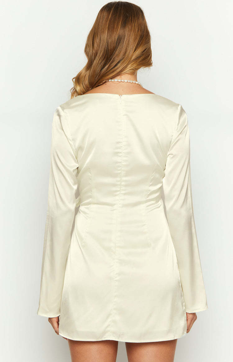 Kasya Cream Satin Long Sleeve Mini Dress-Vavasi.All Rights Reserved.