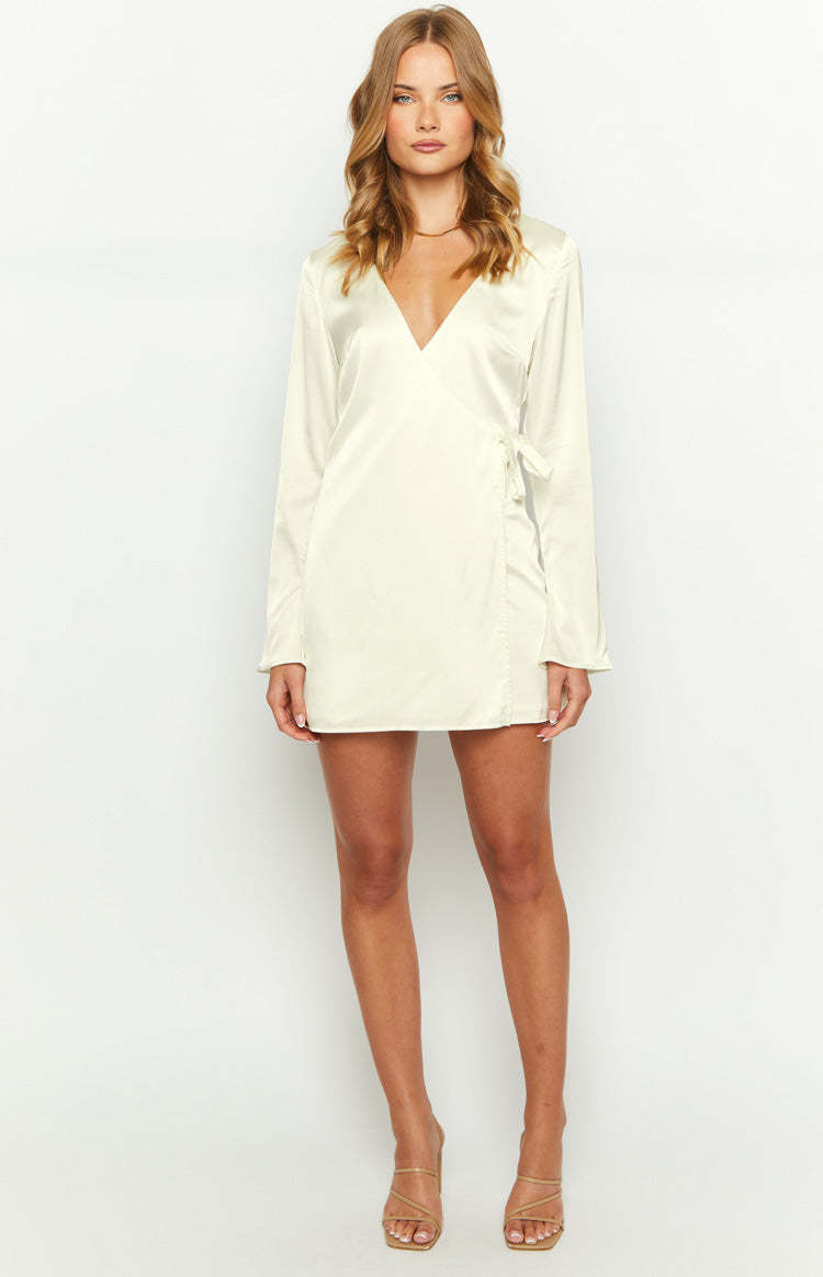 Kasya Cream Satin Long Sleeve Mini Dress-Vavasi.All Rights Reserved.