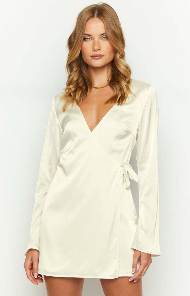 Kasya Cream Satin Long Sleeve Mini Dress-Vavasi.All Rights Reserved.