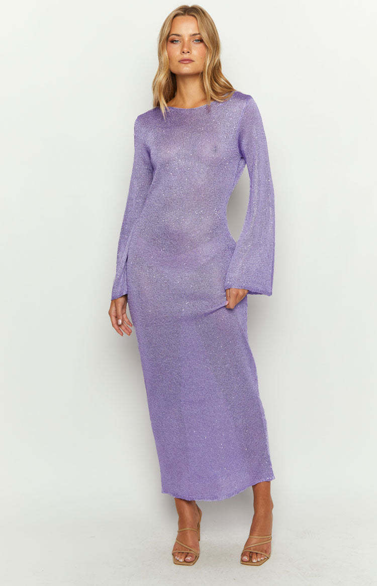 Kendrick Purple Sequin Knit Long Sleeve Maxi Dress-Vavasi.All Rights Reserved.
