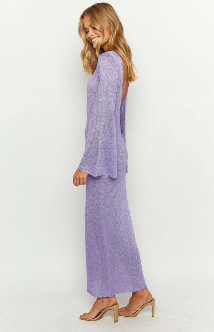 Kendrick Purple Sequin Knit Long Sleeve Maxi Dress-Vavasi.All Rights Reserved.