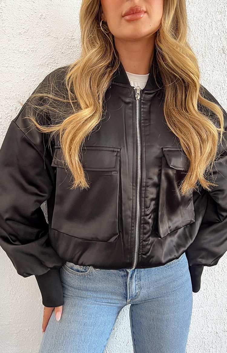 Keziah Black Satin Bomber Jacket-Vavasi.All Rights Reserved.