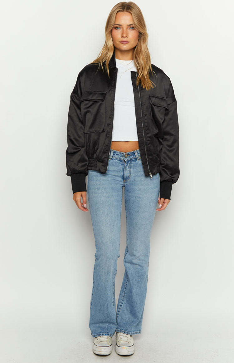 Keziah Black Satin Bomber Jacket-Vavasi.All Rights Reserved.