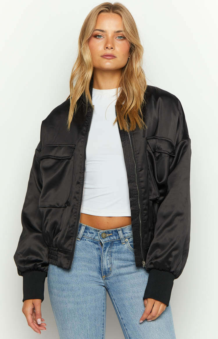 Keziah Black Satin Bomber Jacket-Vavasi.All Rights Reserved.