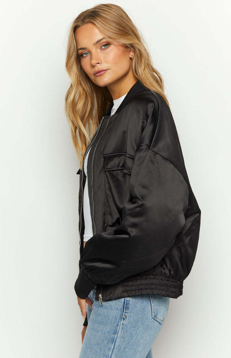 Keziah Black Satin Bomber Jacket-Vavasi.All Rights Reserved.