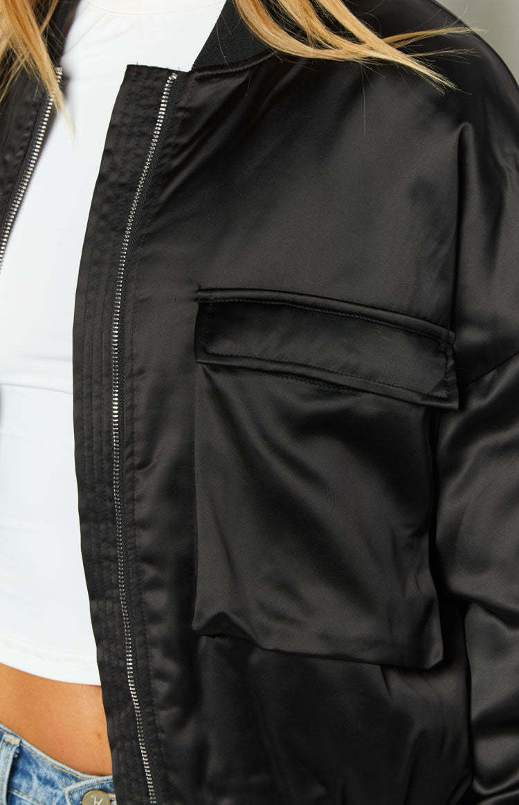 Keziah Black Satin Bomber Jacket-Vavasi.All Rights Reserved.