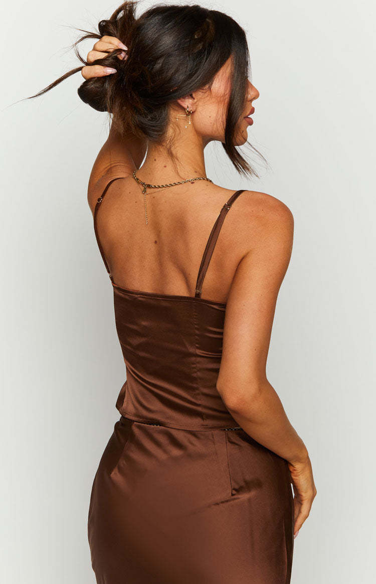 Khloe Brown Satin Cami Top-Vavasi.All Rights Reserved.