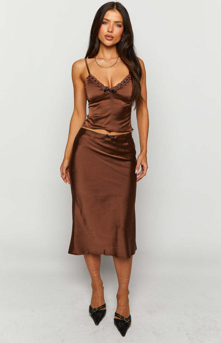 Khloe Brown Satin Midi Skirt-Vavasi.All Rights Reserved.
