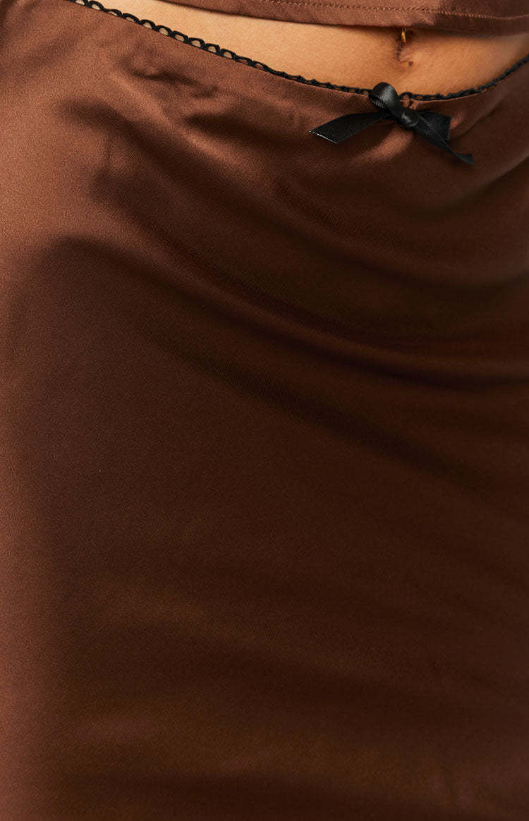 Khloe Brown Satin Midi Skirt-Vavasi.All Rights Reserved.