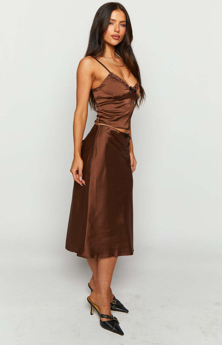 Khloe Brown Satin Midi Skirt-Vavasi.All Rights Reserved.